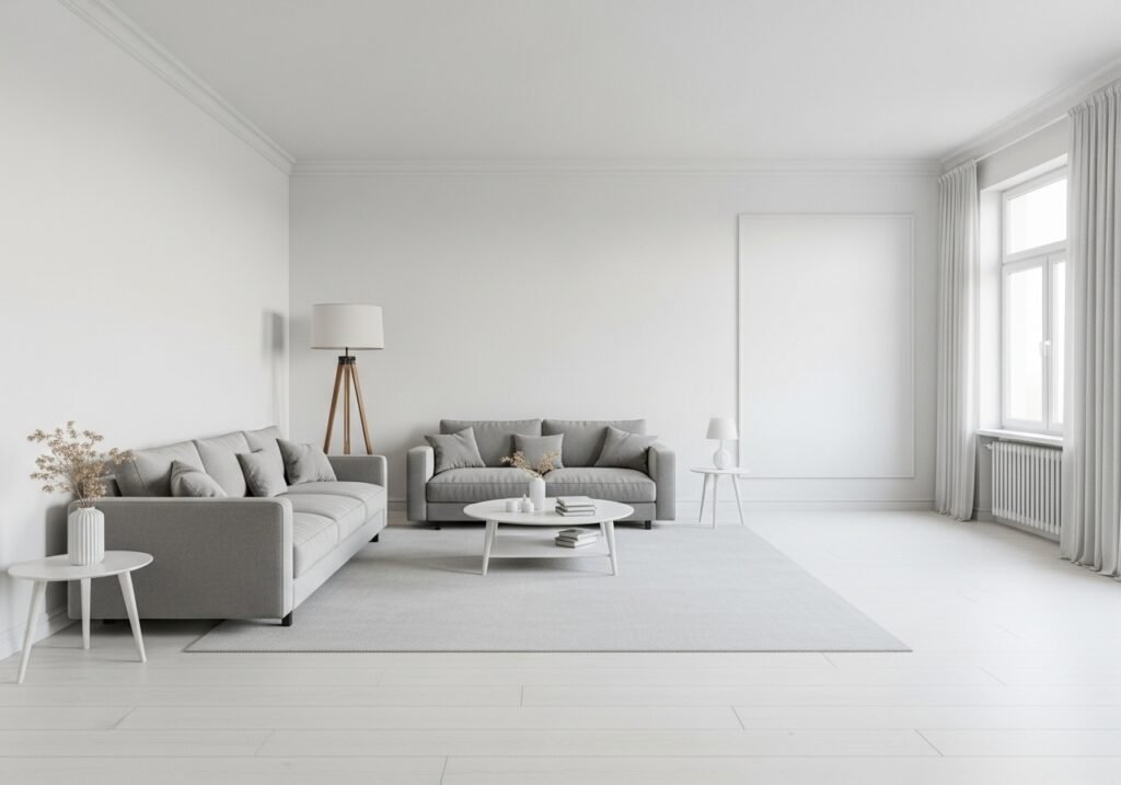 decluttered minimalist living room showing spacious layout with essential furniture only