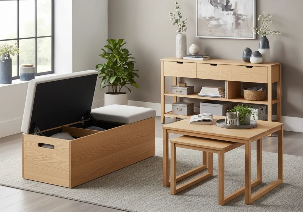 functional minimalist furniture including storage ottoman and nesting tables showing multi purpose design in modern living room