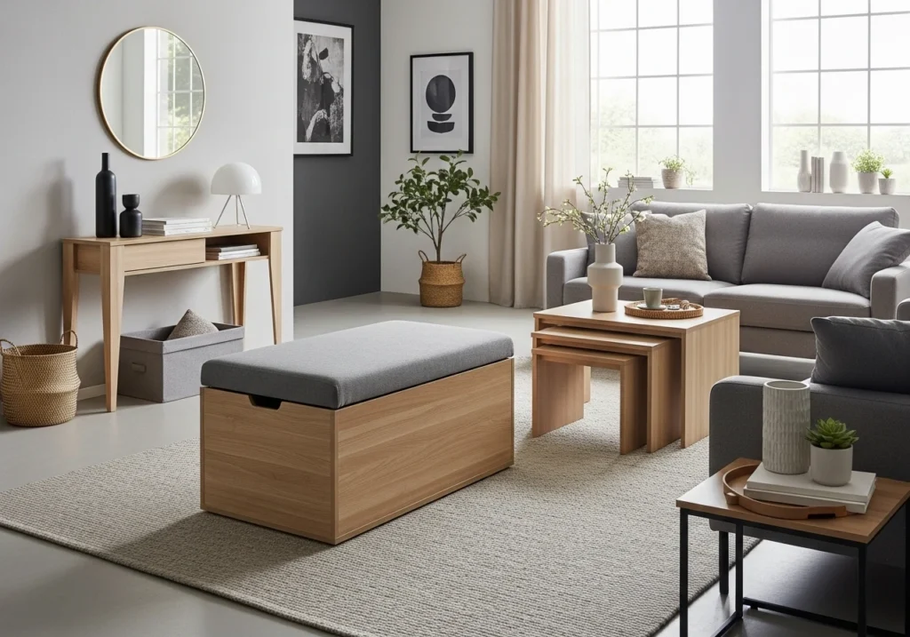 functional minimalist furniture including storage ottoman and nesting tables showing multi purpose design in modern living room