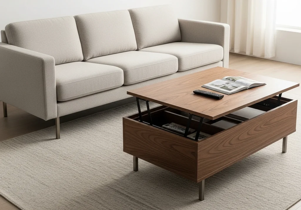 functional minimalist furniture with clean lined sofa and coffee table featuring hidden storage