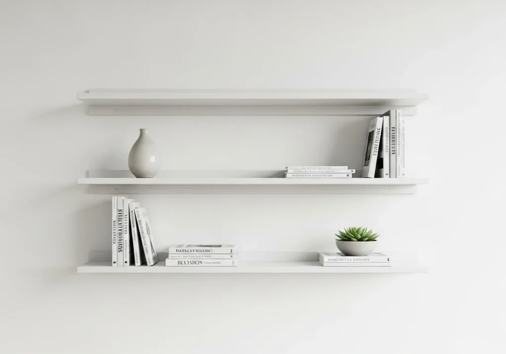 minimalist floating shelves with sparse styling showing effective use of negative space in living room