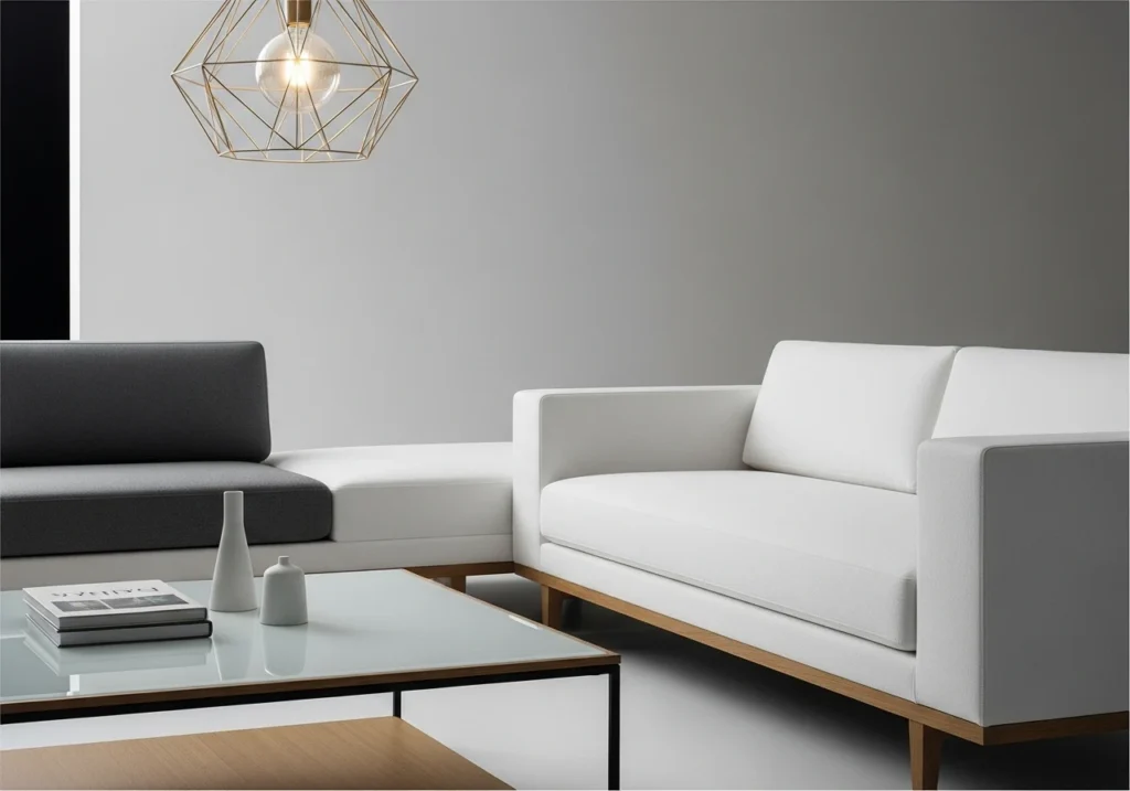 minimalist furniture with clean geometric lines including white sectional sofa and glass coffee table demonstrating simple shapes in living room design