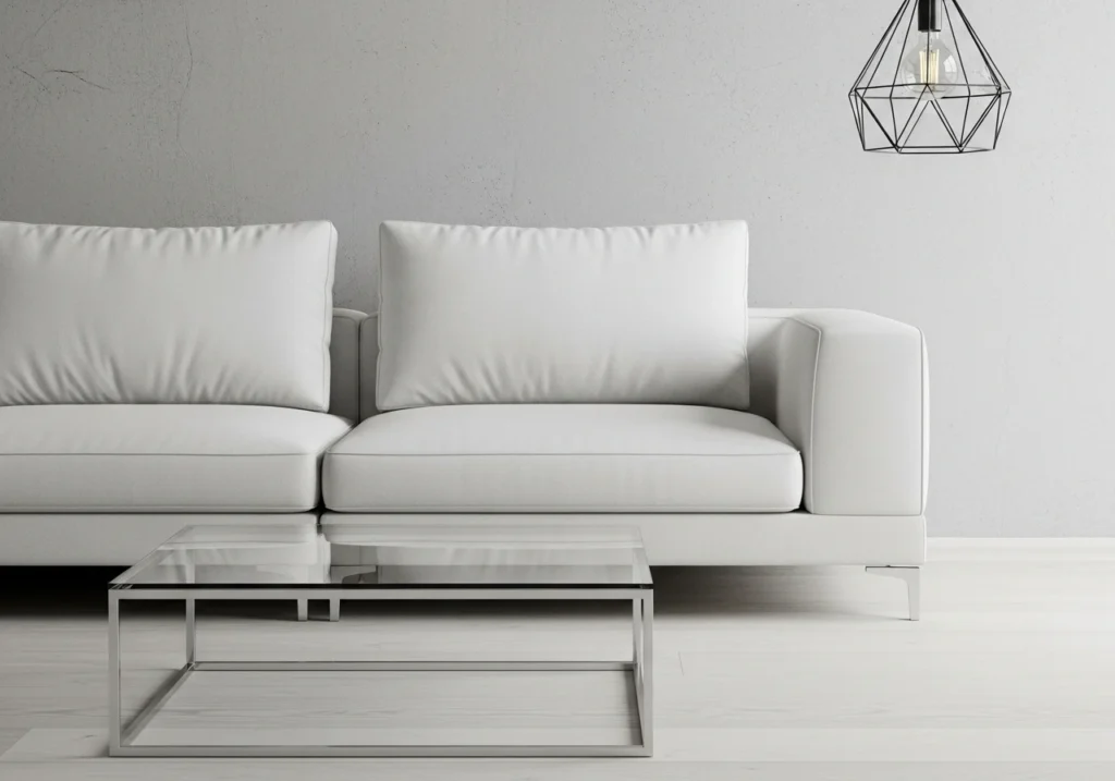 minimalist furniture with clean geometric lines including white sectional sofa and glass coffee table demonstrating simple shapes in living room design (2)