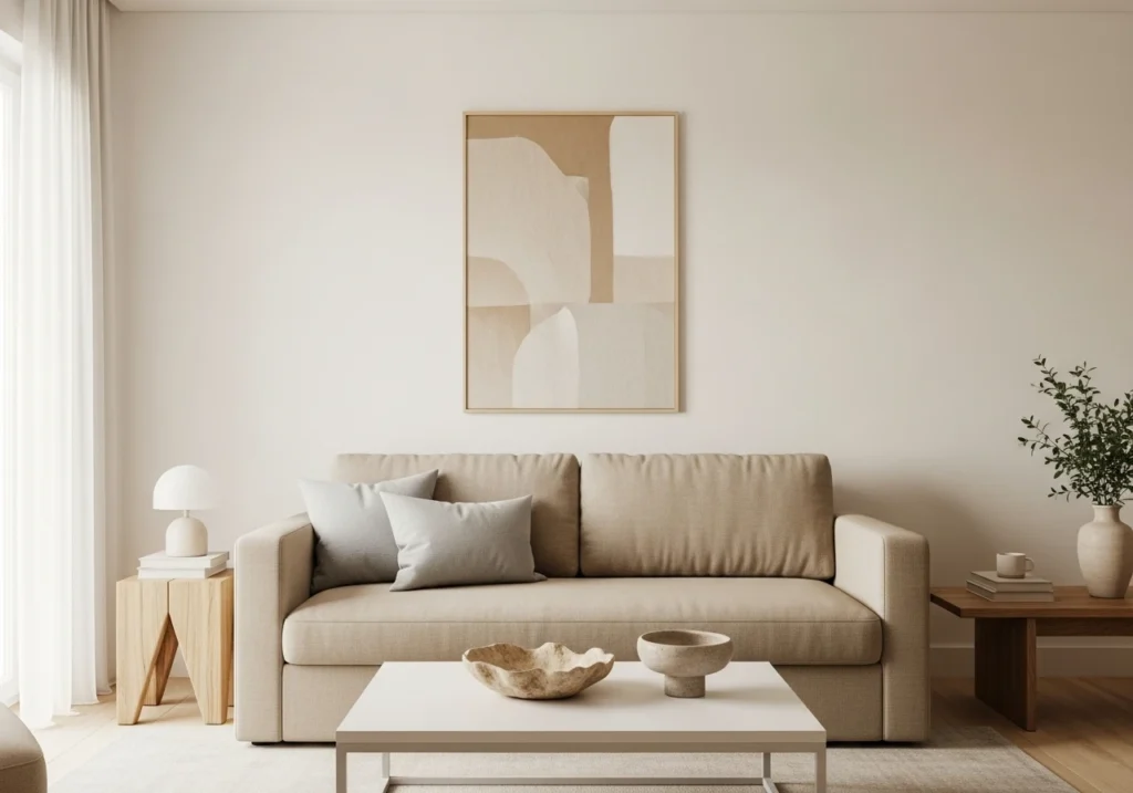 minimalist living room color palette showcase, warm neutral tones, cream walls, beige linen sofa, soft gray throw pillows, natural wood accents, white coffee table,