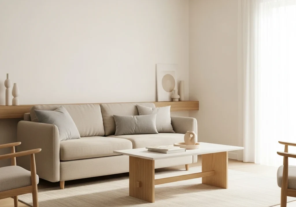 minimalist living room color palette showcase, warm neutral tones, cream walls, beige linen sofa, soft gray throw pillows, natural wood accents, white coffee table,