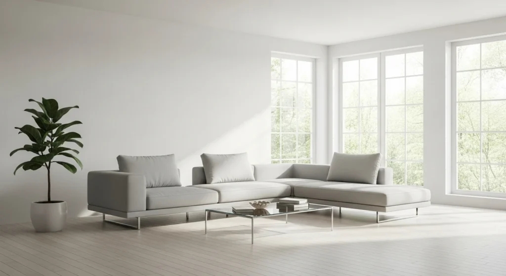 minimalist living room design with gray sectional sofa, glass coffee table, white walls, and natural light
