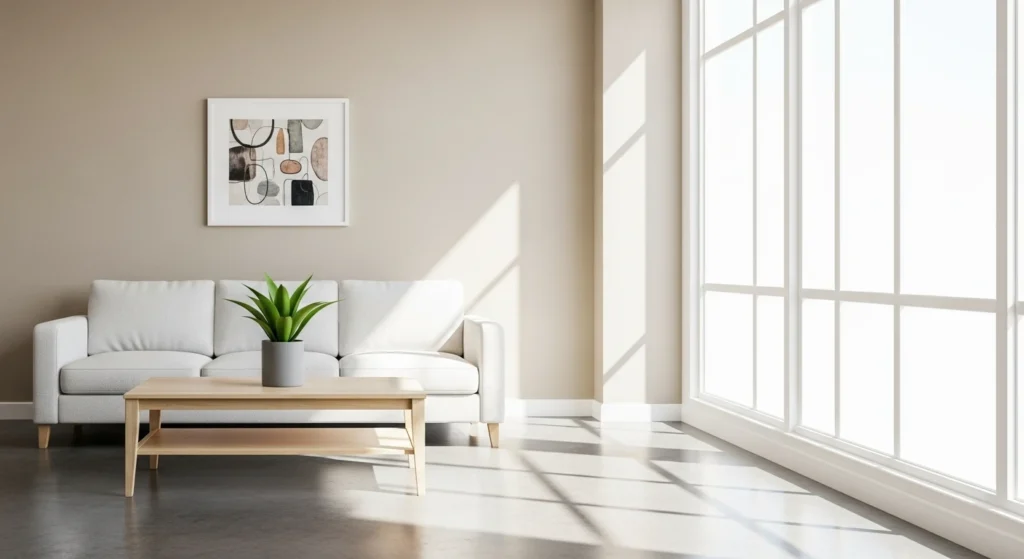 modern minimalist living room featuring white sofa, wooden coffee table, and large windows with natural light example of clean minimalist interior design