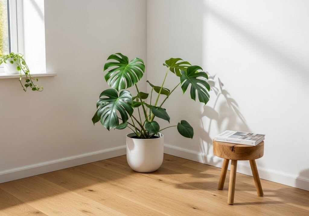 natural elements in minimalist living room corner with large plant, wood flooring, and white walls