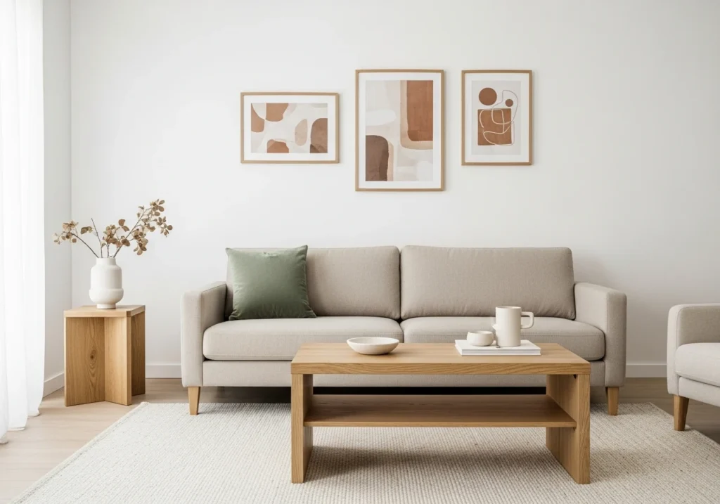 neutral color palette minimalist living room with beige sofa, white walls, and natural wood accents