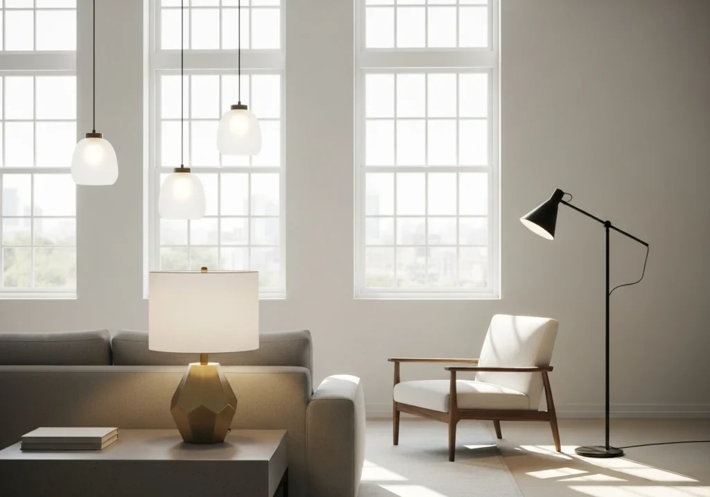 Layered lighting in minimalist living room with natural light, pendant lights, and geometric table lamps