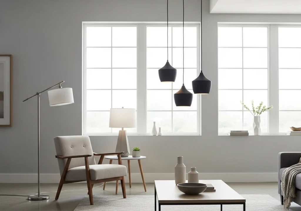 Layered lighting in minimalist living room with natural light, pendant lights, and geometric table lamps