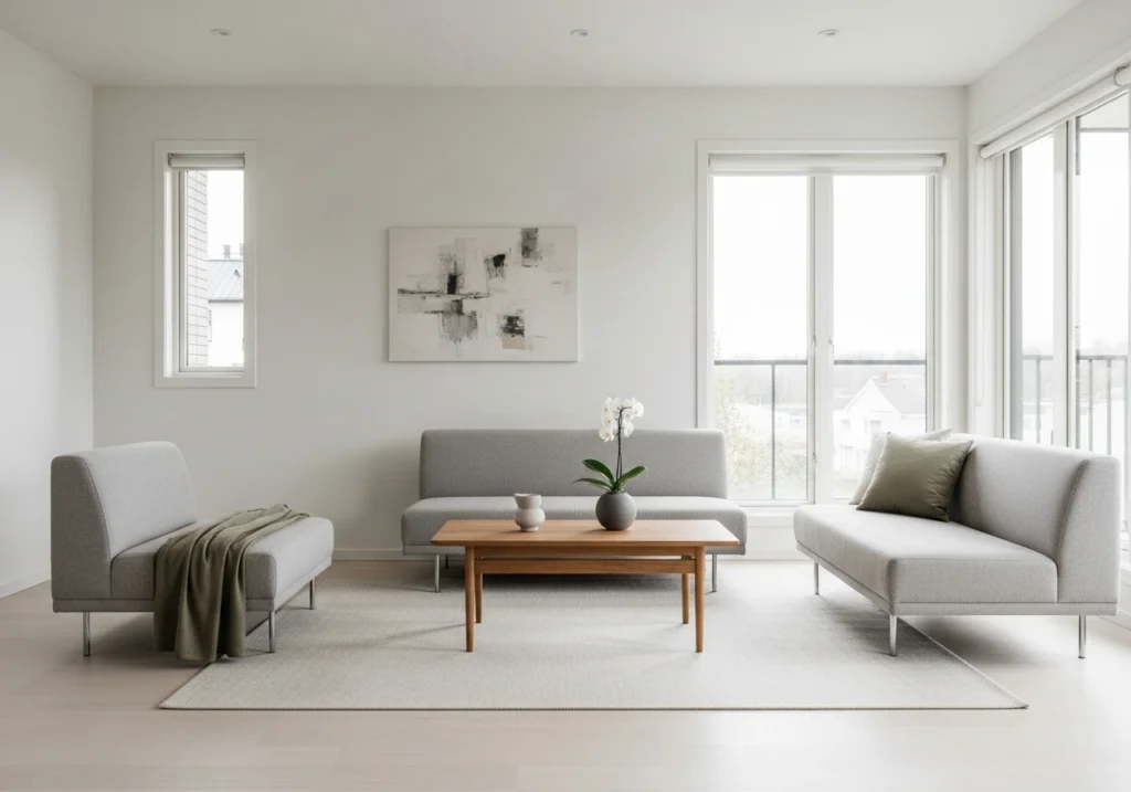 textural elements in minimalist living room including knit throw, jute rug, and linen curtains adding warmth without clutter