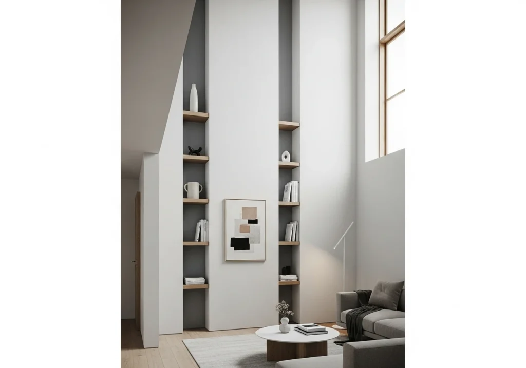 Vertical space utilization in minimalist living room with tall shelving and high ceilings maximizing small space design