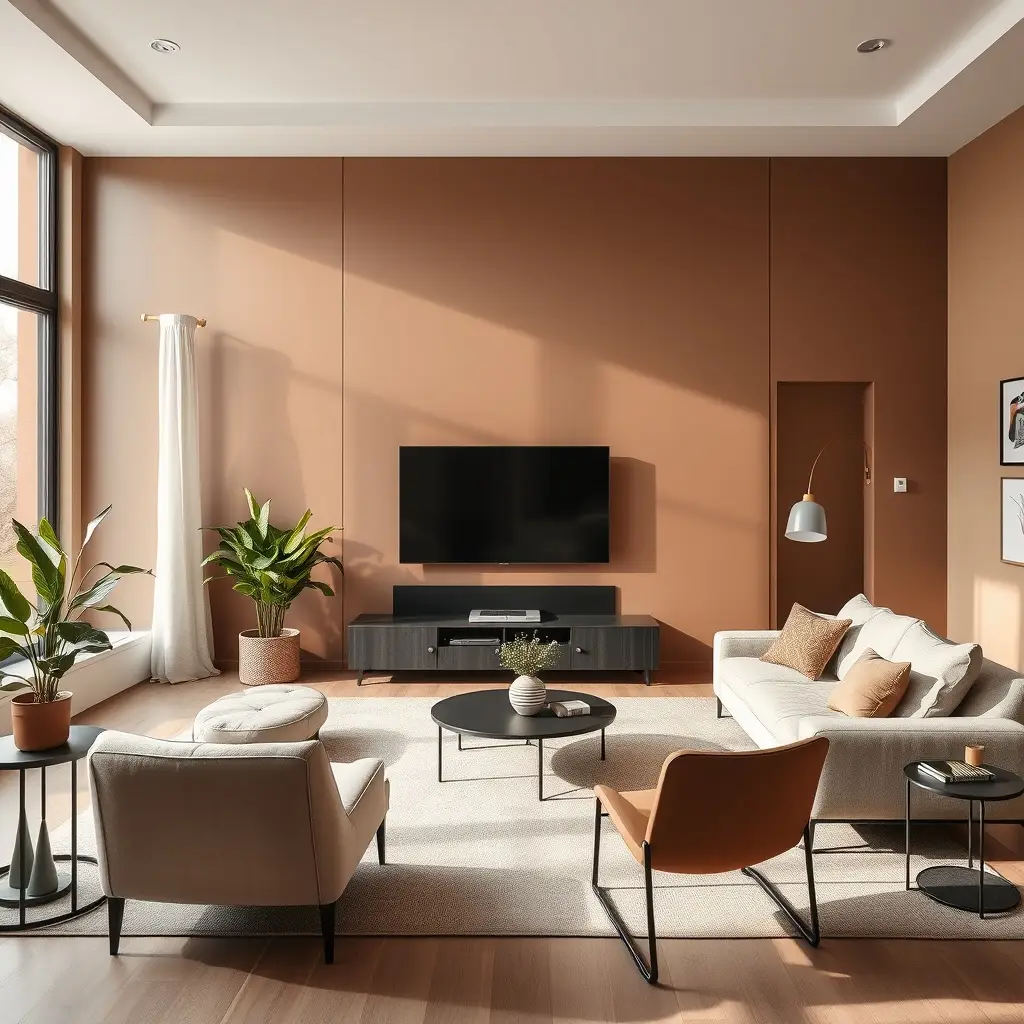 contemporary living room with warm neutral color palette and versatile design