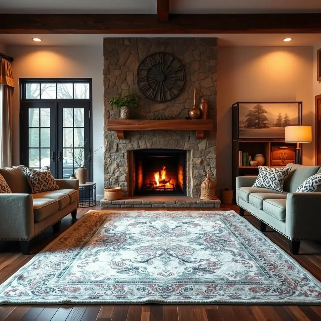 living room area rug placement with fireplace focal point and seating arrangement