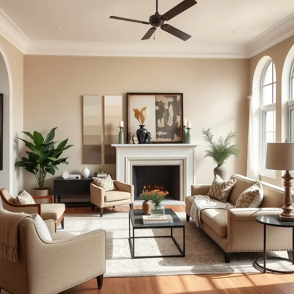living room interior with paint color samples showing various trendy color options