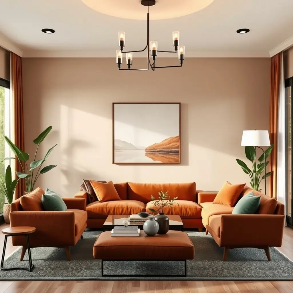 living room with earthy color palette featuring terracotta and sage green tones