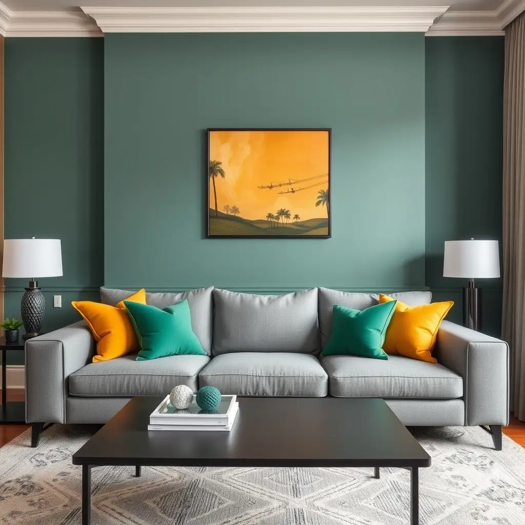 living room with grey sofa and complementary wall colors and vibrant accents