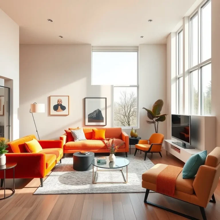 modern living room showcasing contemporary color trends with warm neutrals and vibrant accents