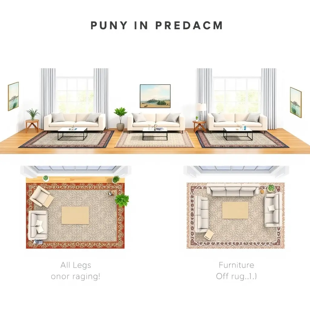 three different area rug placement methods illustrated in living room settings