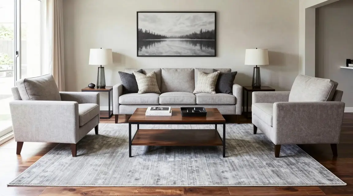 balanced farmhouse living room layout with rug and accent chairs