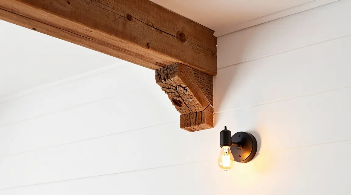 blend of rustic wood beams and modern white shiplap walls