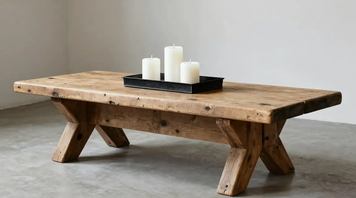 chunky reclaimed wood coffee table with farmhouse styling