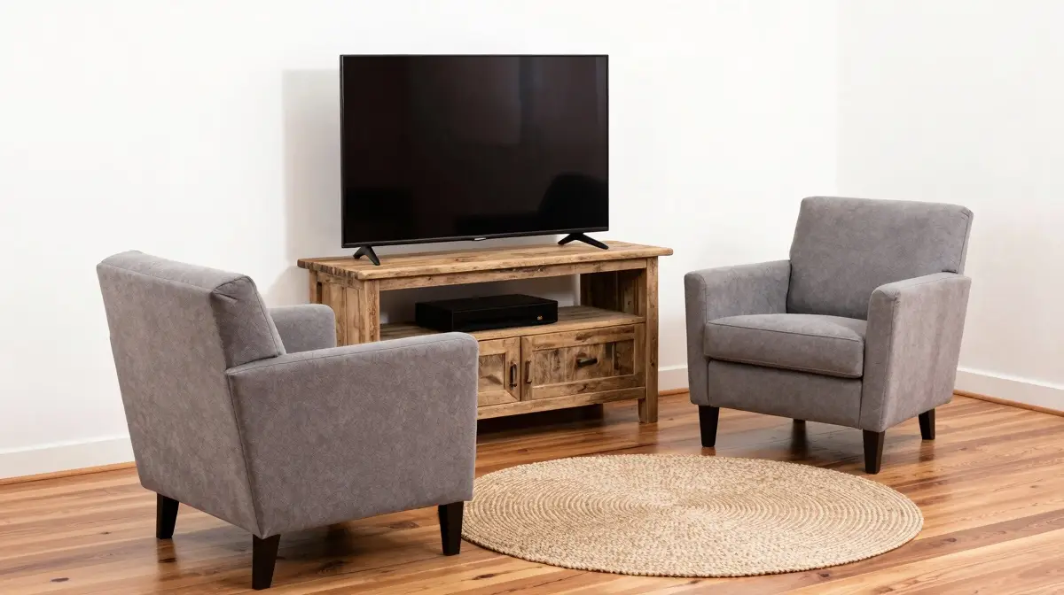 corner tv placement in living room with gray armchairs