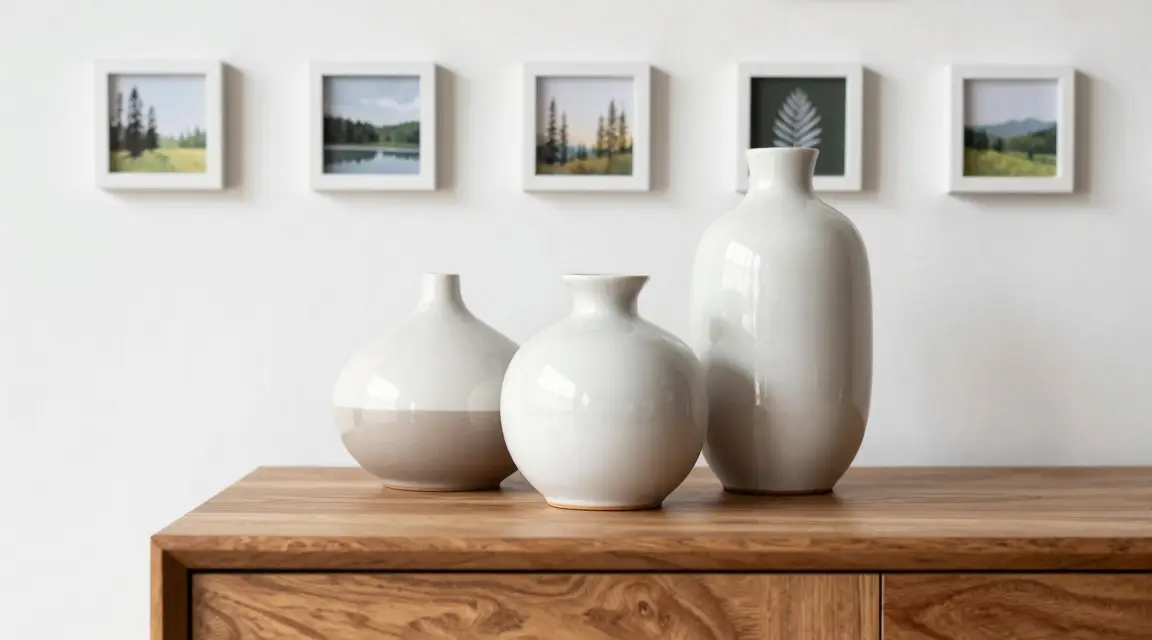 decorating rule of three with ceramic vases and nature wall art