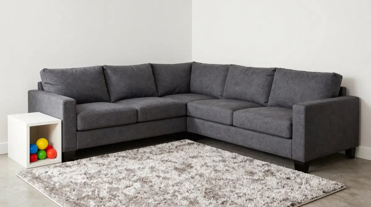family friendly living room with gray sectional and storage