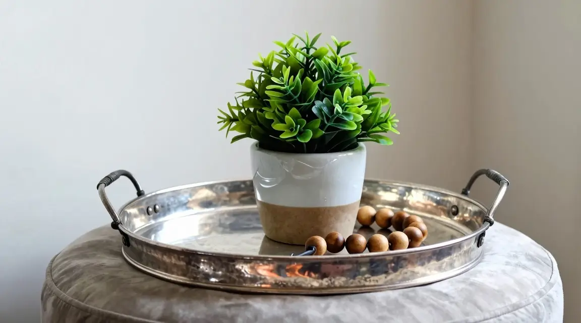 galvanized metal tray with plant and farmhouse decor