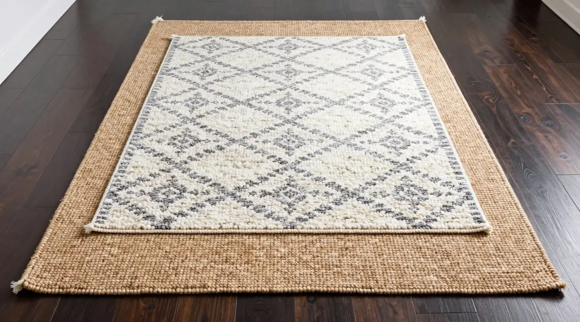 layered jute and wool rugs in a farmhouse interior