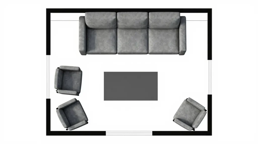 living room 3d floor plan layout showing furniture placement
