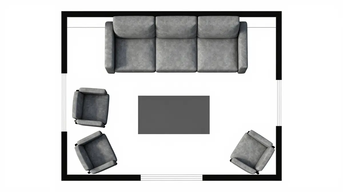 living room 3d floor plan layout showing furniture placement