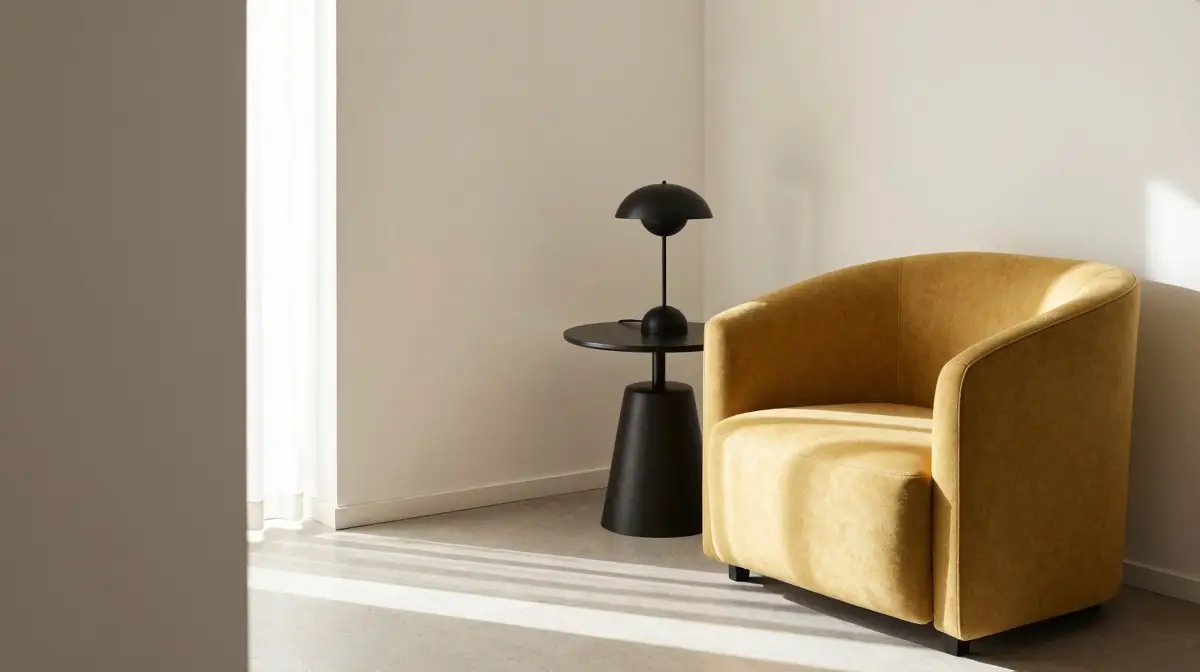 living room walkway layout with mustard accent chair