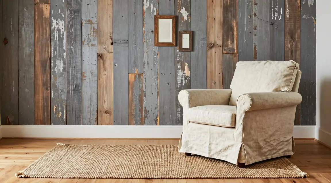 rustic farmhouse living room with gray wood wall and linen armchair