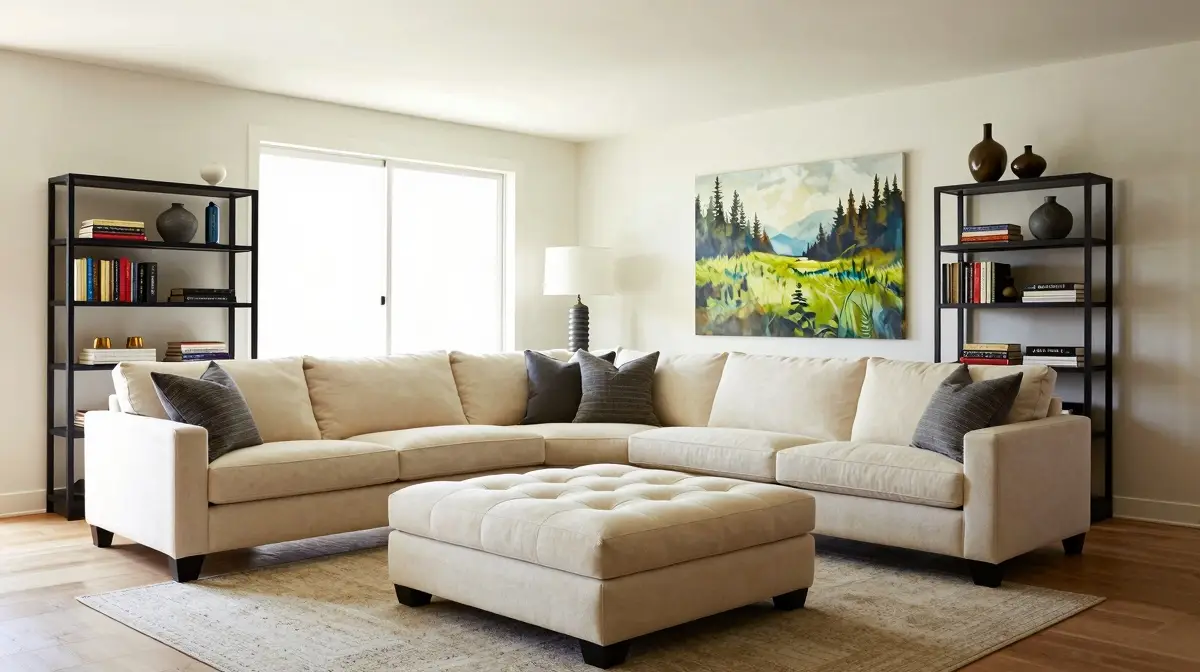 spacious living room with cream sofa and tufted ottoman
