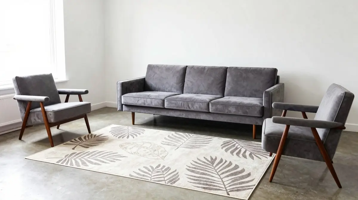 standard size living room with gray velvet sofa and armchairs