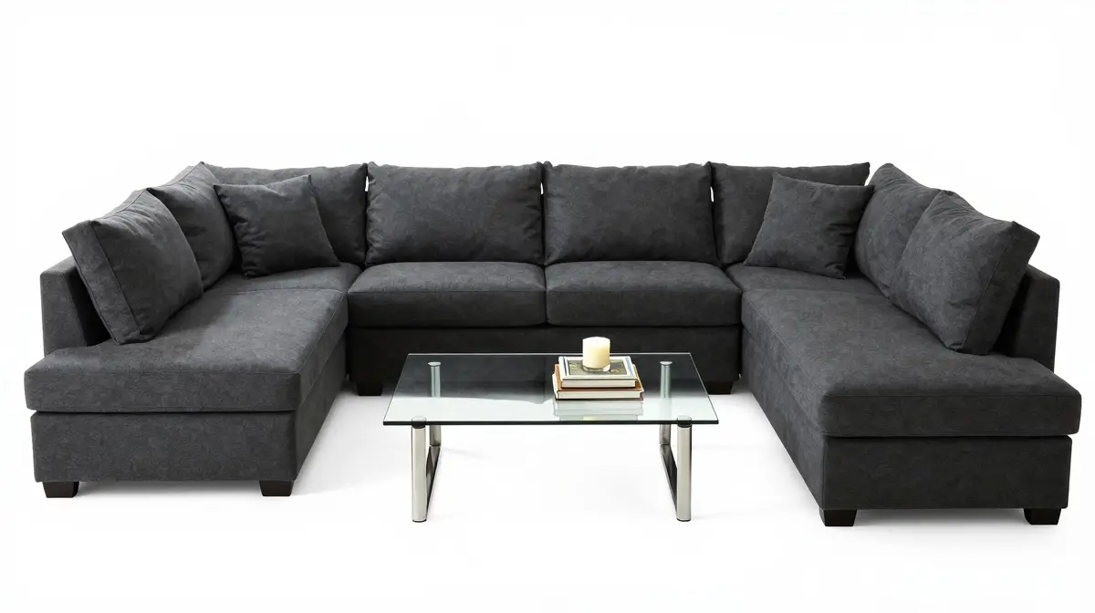symmetrical living room layout with charcoal sectional sofa