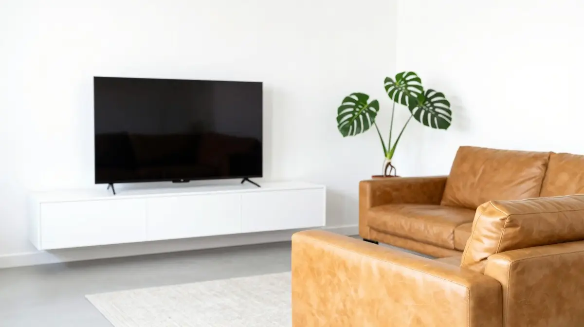 tv layout in living room with minimalist white cabinet