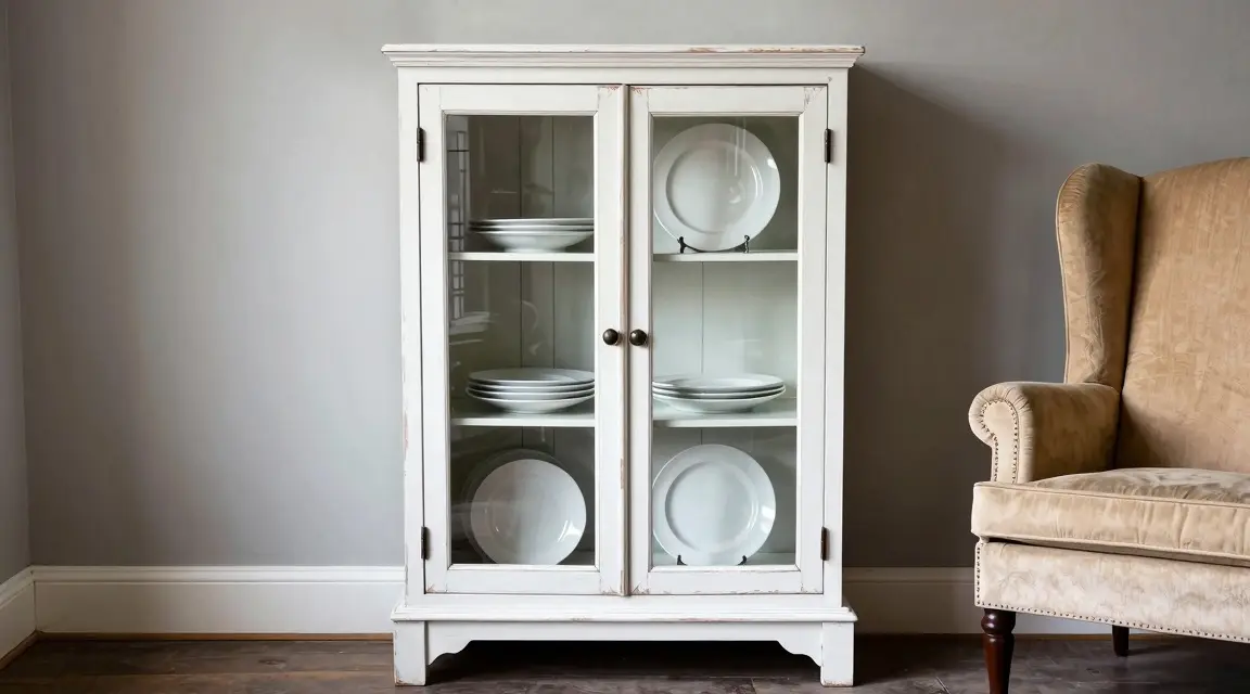 vintage distressed white cabinet and oatmeal wingback chair
