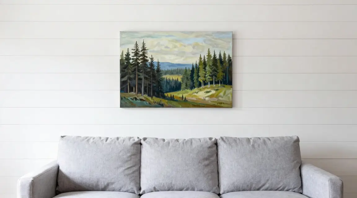 white shiplap accent wall behind a modern gray sofa