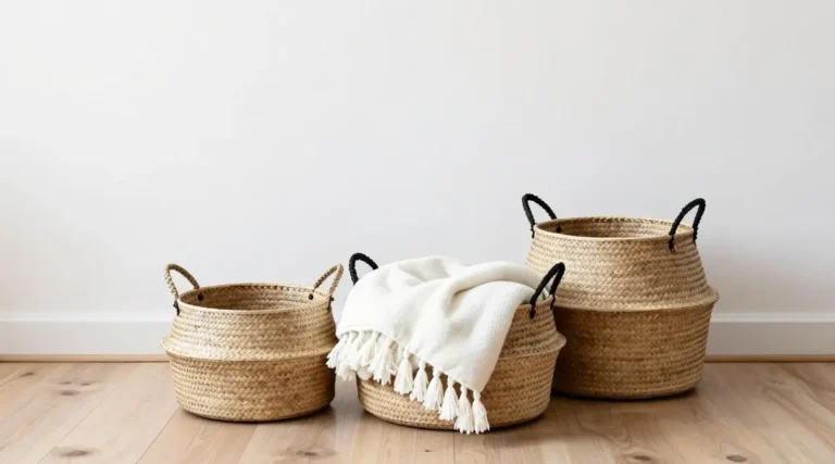 woven seagrass storage baskets with a white knit blanket