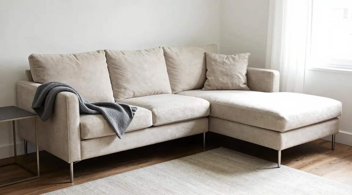 beige l shaped sectional sofa in a small apartment corner
