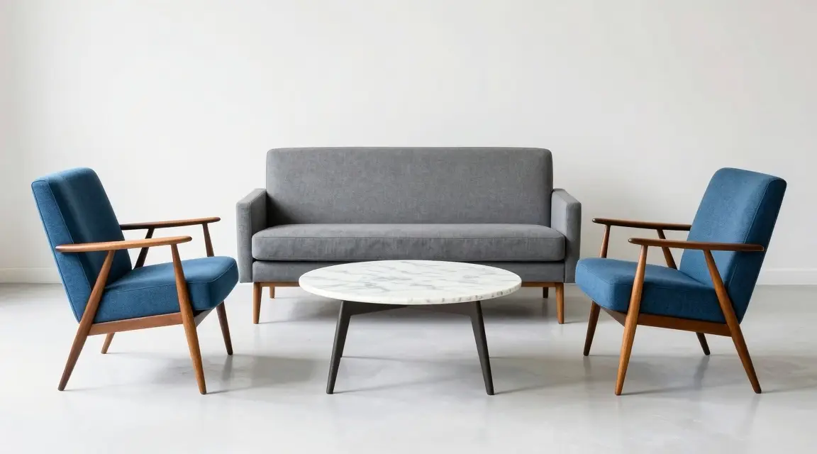 blue armchairs and loveseat arranged around a marble coffee table