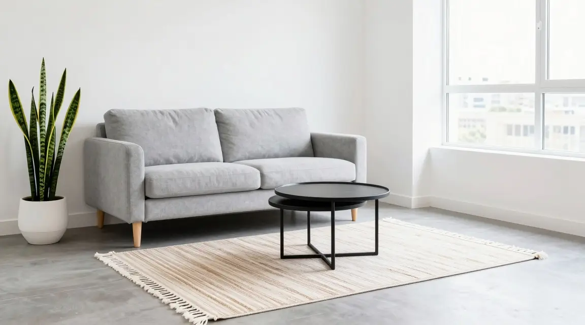 compact boho rug in a small open concept apartment living room