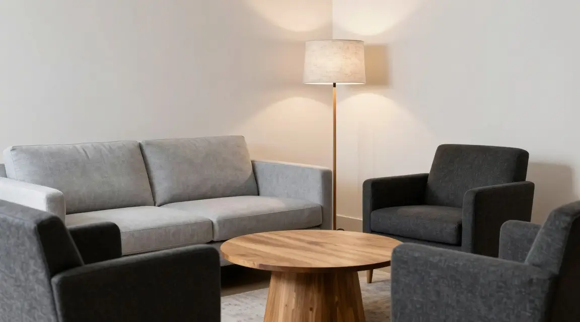 conversational seating cluster with sofa and chairs in a living room