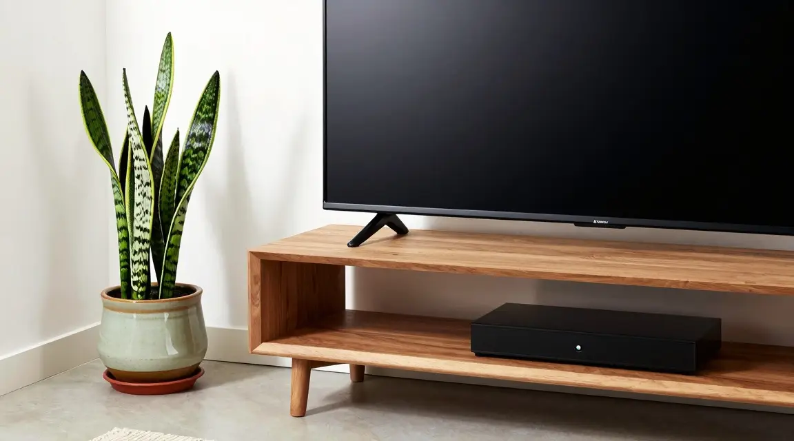 corner tv stand with television in a small rectangular room