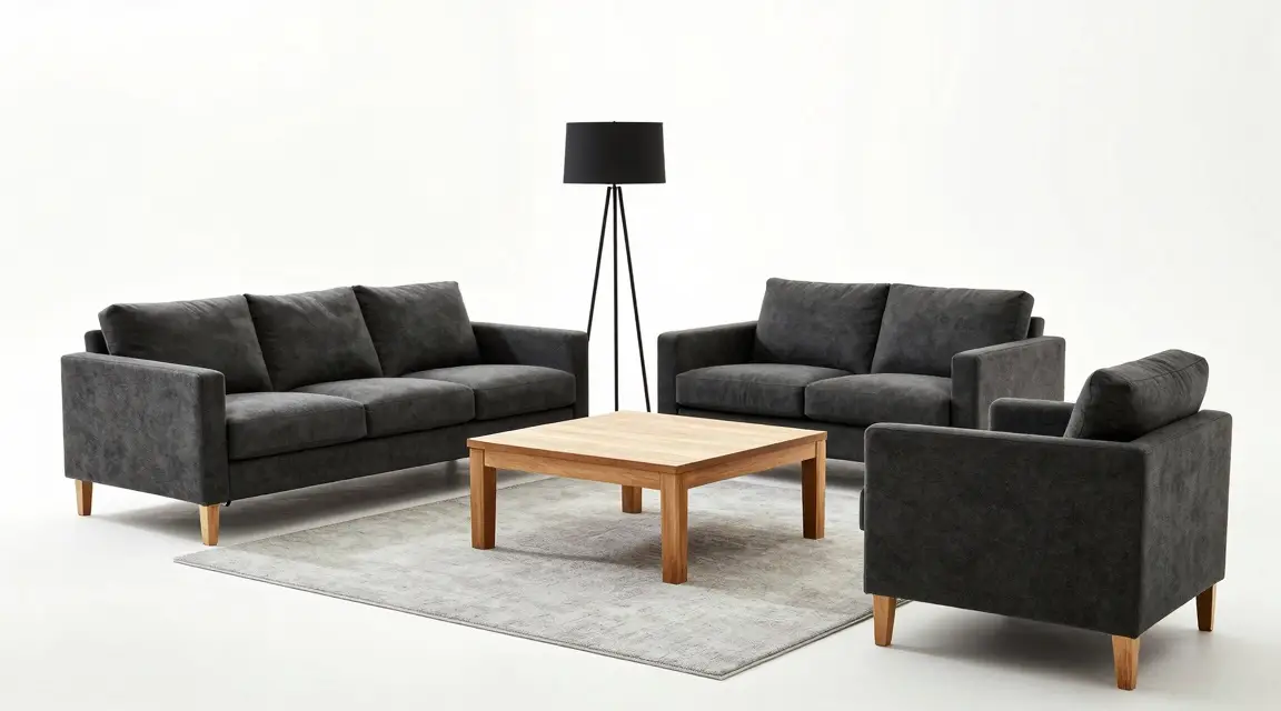 furniture cluster anchored by a large rug in a spacious room