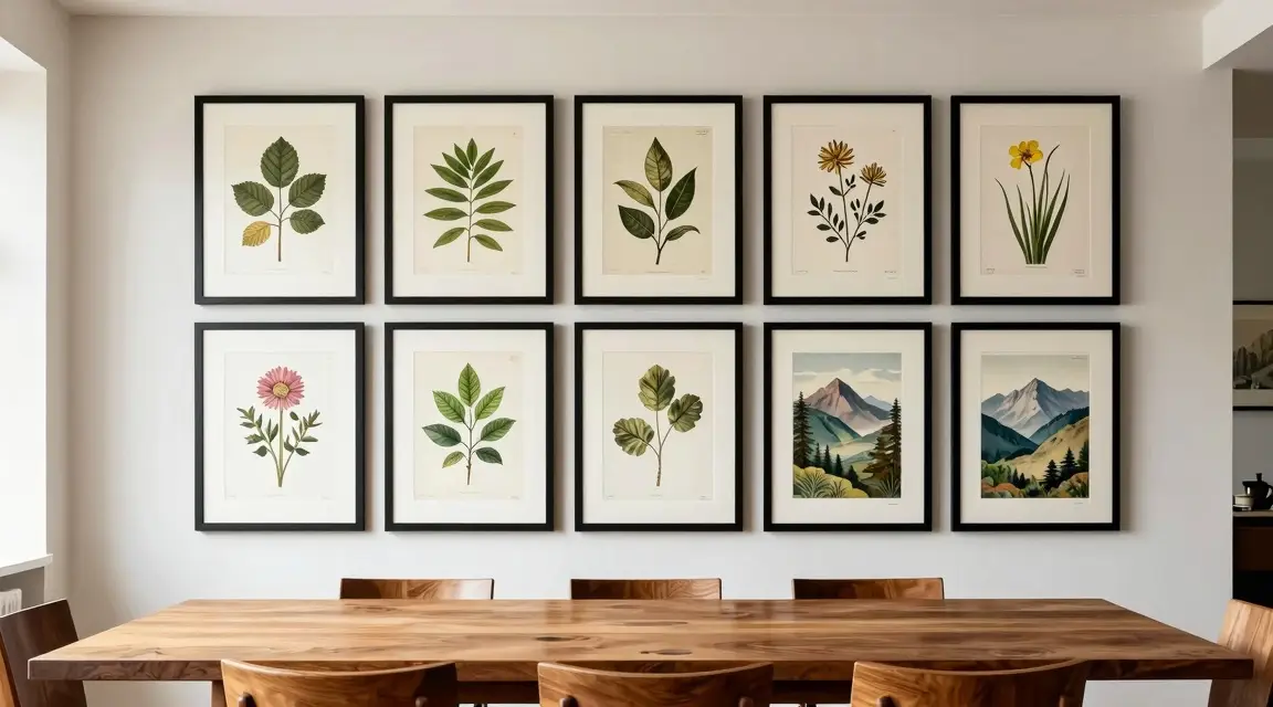 gallery wall with botanical prints in an open concept dining area